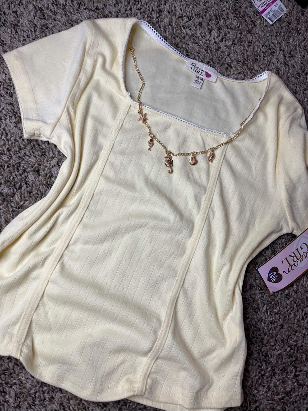 Dreamgirl Pale Yellow Short Sleeve Ribbed Knit Top with Square Neck